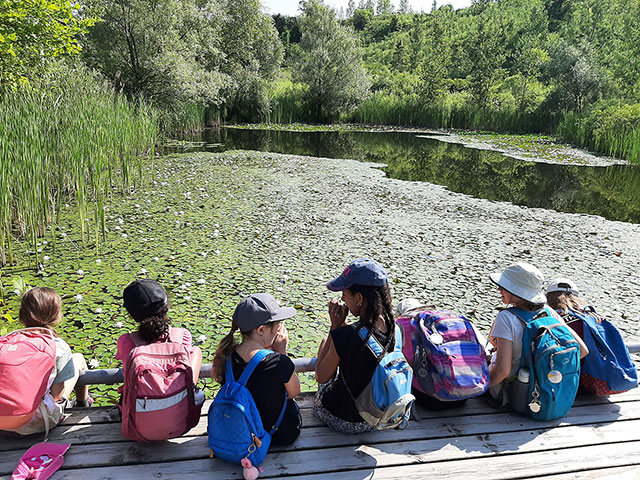 Photo of children sitting looking into the water on bridge during a Visiting Schools trip to the Brick Works.