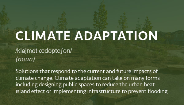 Solutions that respond to the current and future impacts of climate change. Climate adaptation can take on many forms including designing public spaces to reduce the urban heat island effect or implementing infrastructure to prevent flooding. 