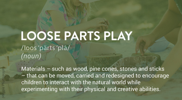 Materials – such as wood, pine cones, stones and sticks – that can be moved, carried and redesigned to encourage children to interact with the natural world while experimenting with their physical and creative abilities.