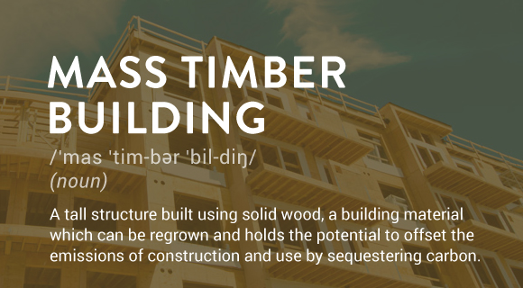 A tall structure built using solid wood, a building material which can be regrown and holds the potential to offset the emissions of construction and use by sequestering carbon.