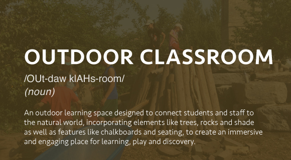 An outdoor learning space designed to connect students and staff to the natural world, incorporating elements like trees, rocks and shade as well as features like chalkboards and seating, to create an immersive and engaging place for learning, play and discovery.