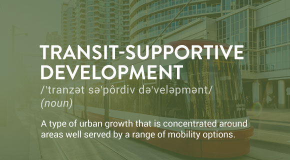 A type of urban growth that is concentrated around areas well served by a range of mobility options.