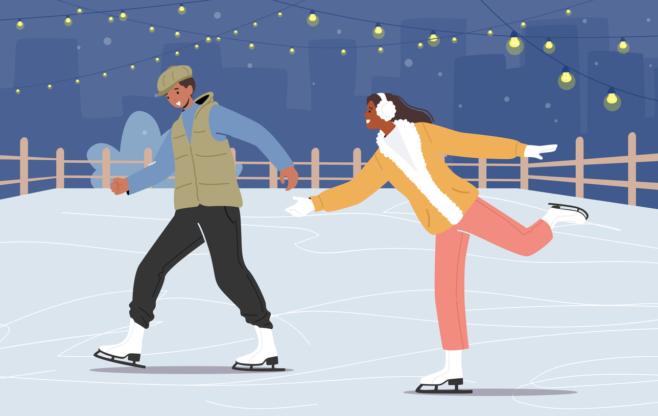 Illustration two people ice skate at night