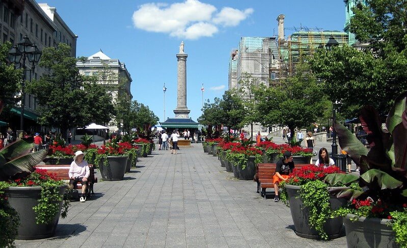 City square in Montreal with planters, seating and cobblestone road